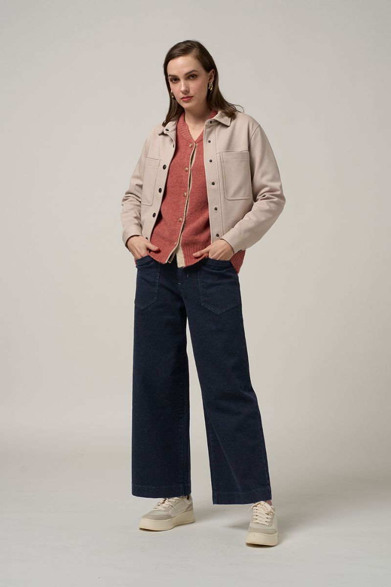 Woman wearing Madly Sweetly matchwork jacket in stone MS1531 styled