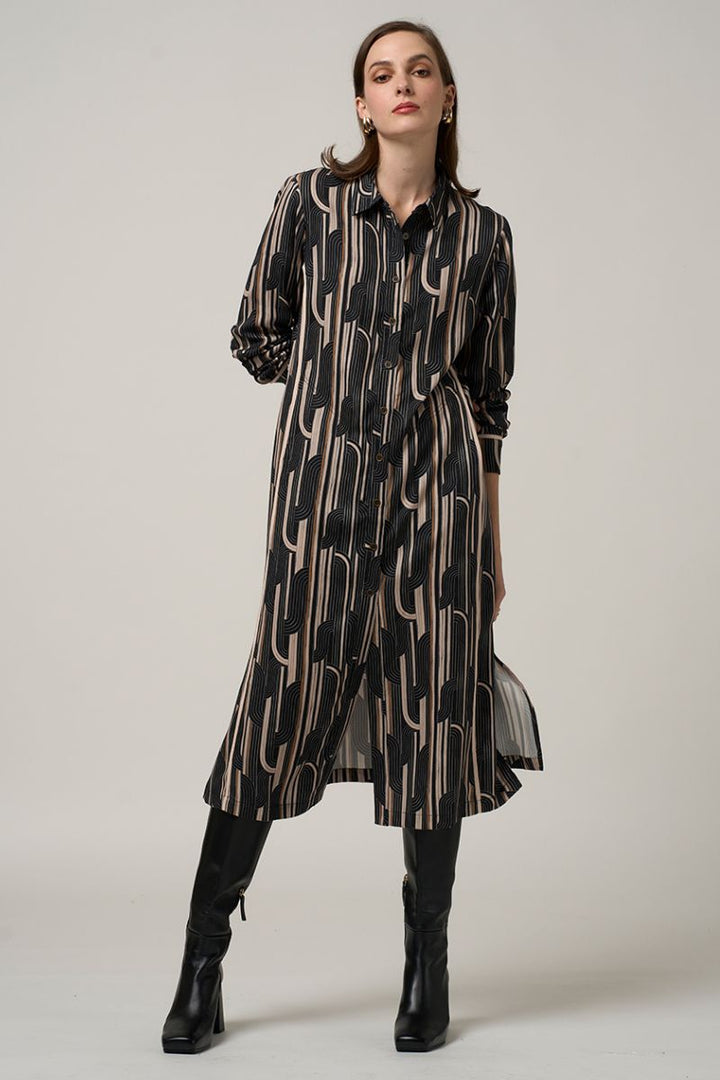 Woman wearing Madly Sweetly Freefall dress black multi MS1563 front
