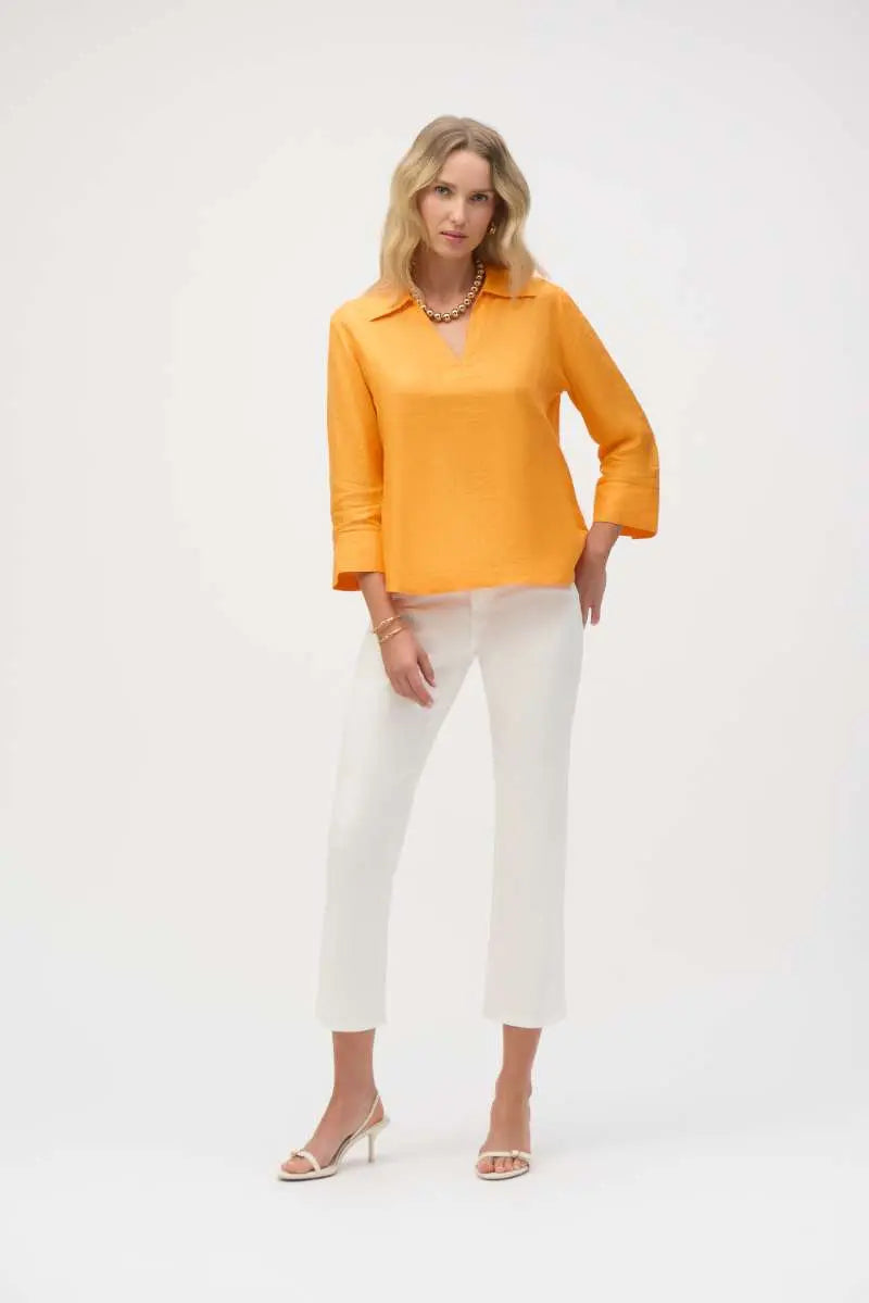Margot Classic Straight Leg In White By Joseph Ribkoff worn with an Orange linen v neck collared blouse