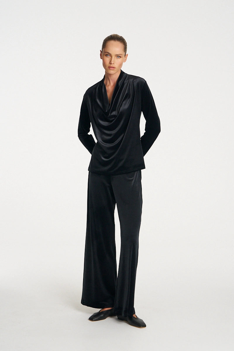 Woman wearing Drape Top in Black by Mela Purdie F310 8971 full outfit