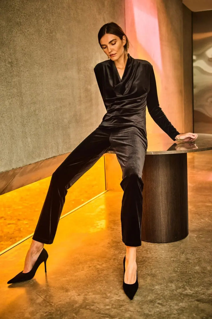 Woman wearing Drape Top in Black by Mela Purdie F310 8971 full outfit