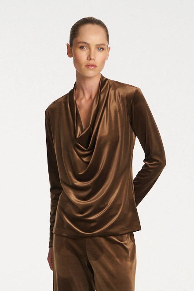 Woman wearing Drape Top in Nutmeg by Mela Purdie F310 8971 full outfit