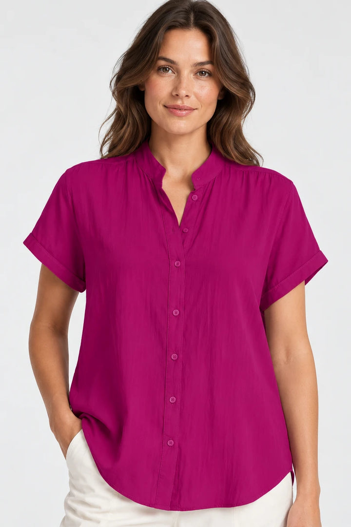 Mela Purdie Soft Stand Shirt Teaberry F67 8629 detail view of the stand collar, short sleeves and button front
