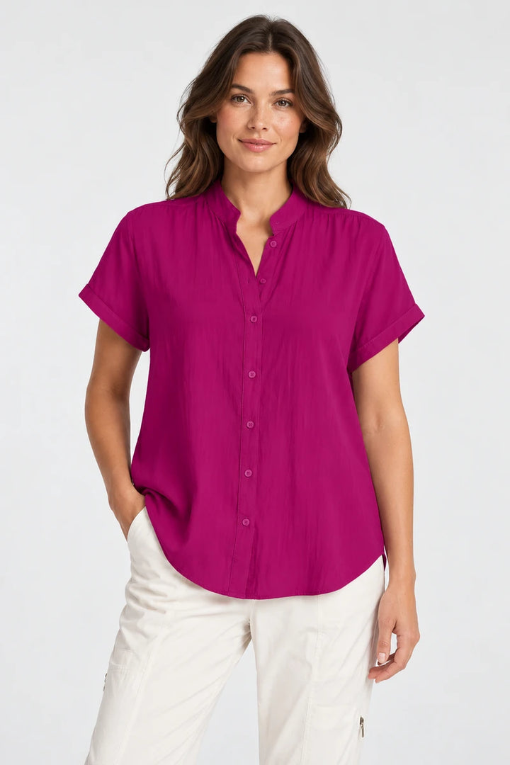 Mela Purdie Soft Stand Shirt Teaberry F67 8629 front view showing petite stand collar, button front and curved hem
