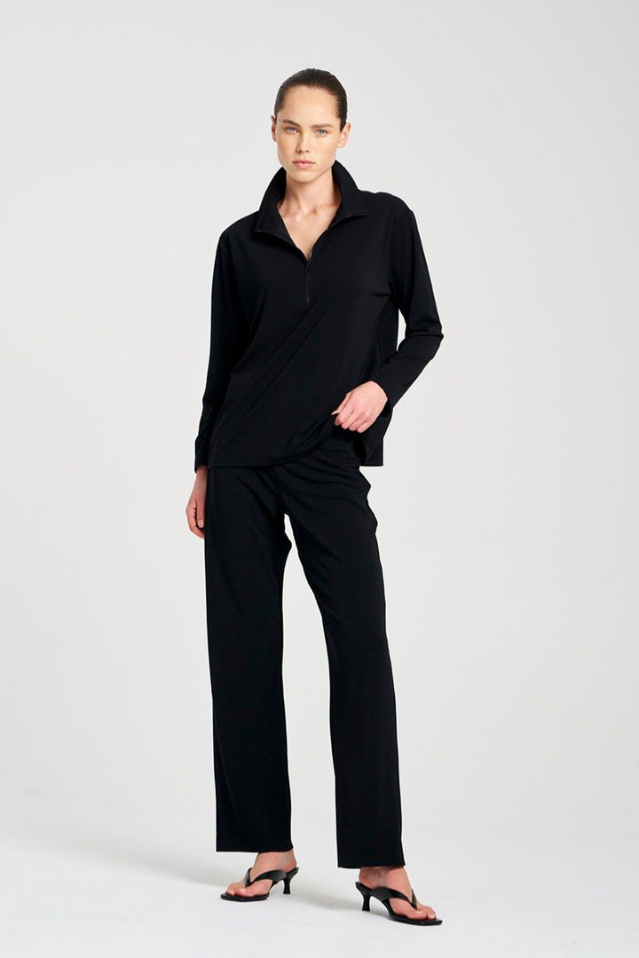 Woman wearing Zip Front Sweater in Black by Mela Purdie front