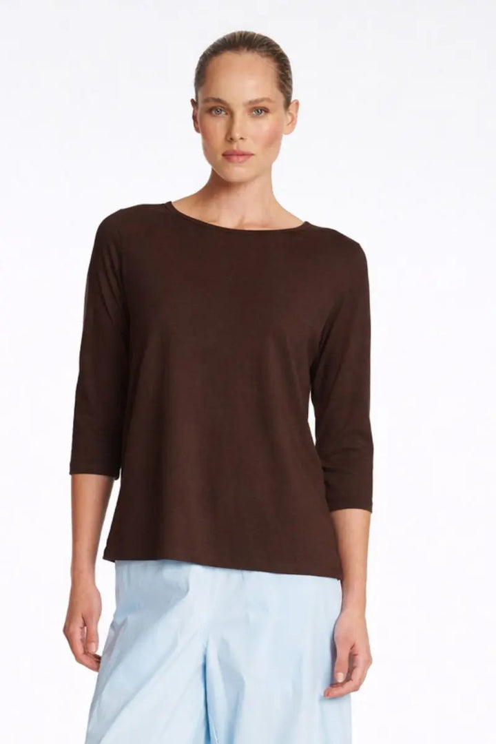 Woman wearing Relaxed Boat Neck Top in Fudge by Mela Purdie front