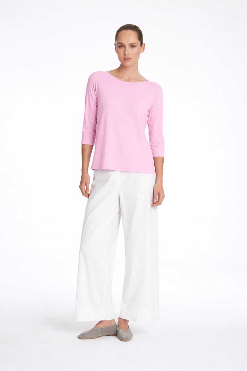 Woman wearing Relaxed Boat Neck Top in Rosebud by Mela Purdie styled