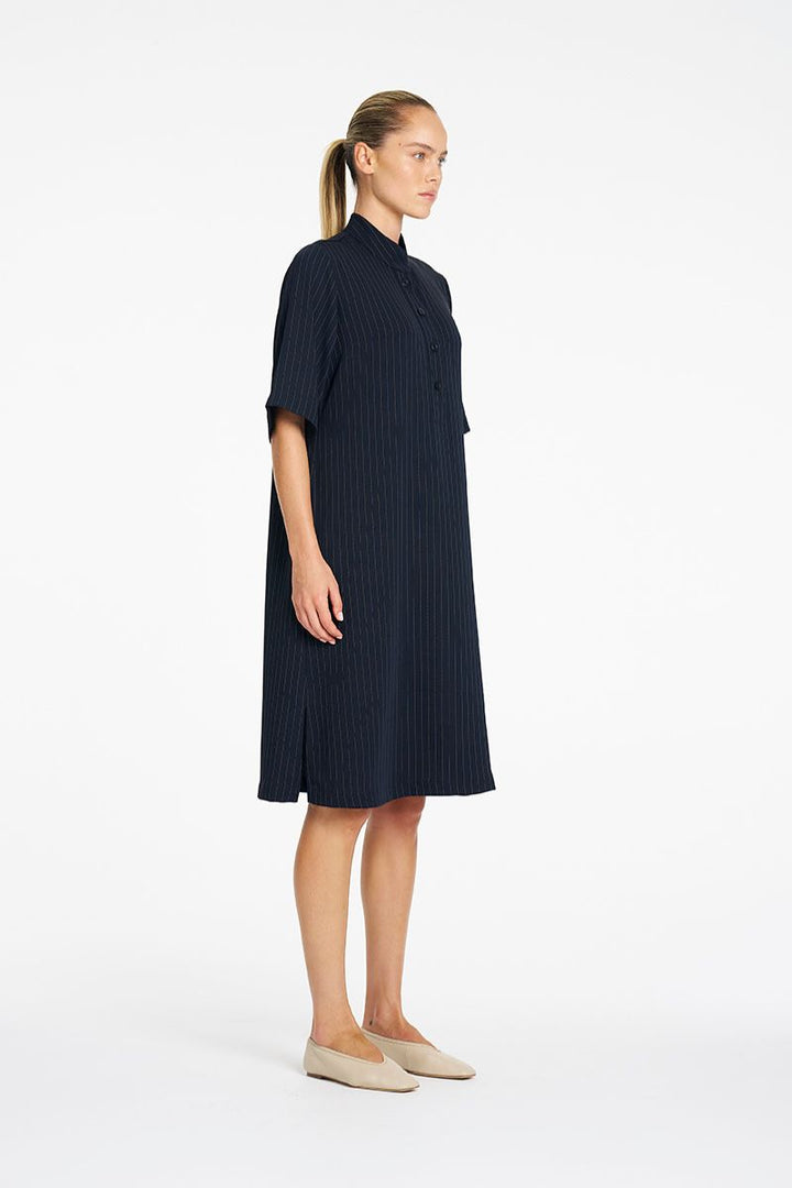 Mela Purdie Tab Plaza Dress in Navy Chalk side view showing side split