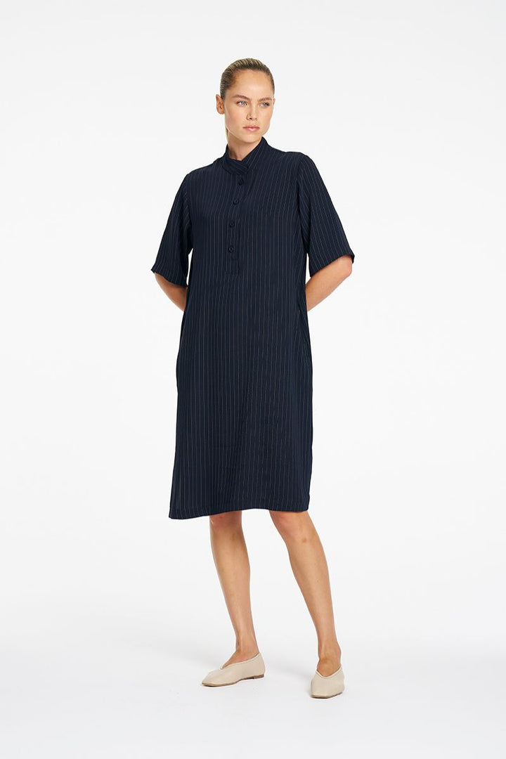 Mela Purdie Tab Plaza Dress in Navy Chalk styled outfit
