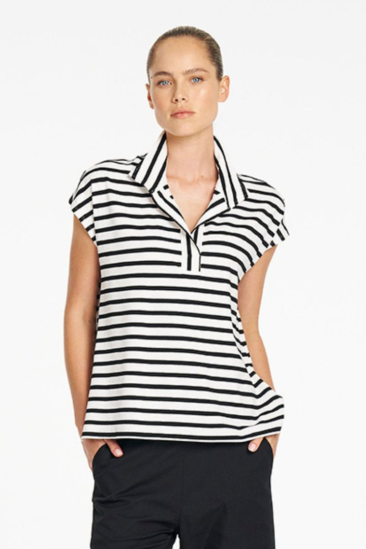 Mela Purdie Tab Top in Black White stripe front view style F541 80008