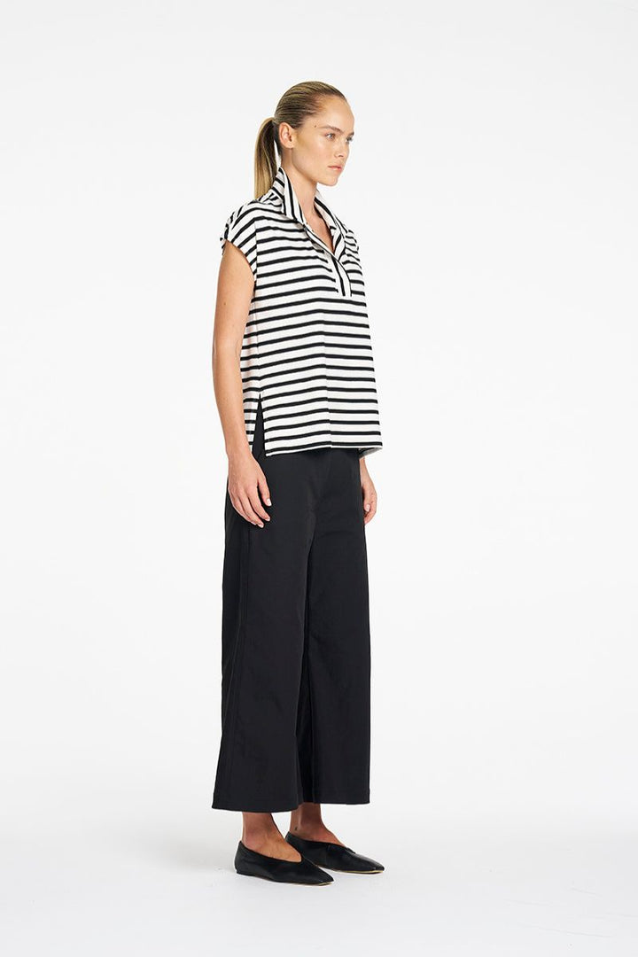 Mela Purdie Tab Top in Black White stripe side view showing relaxed fit