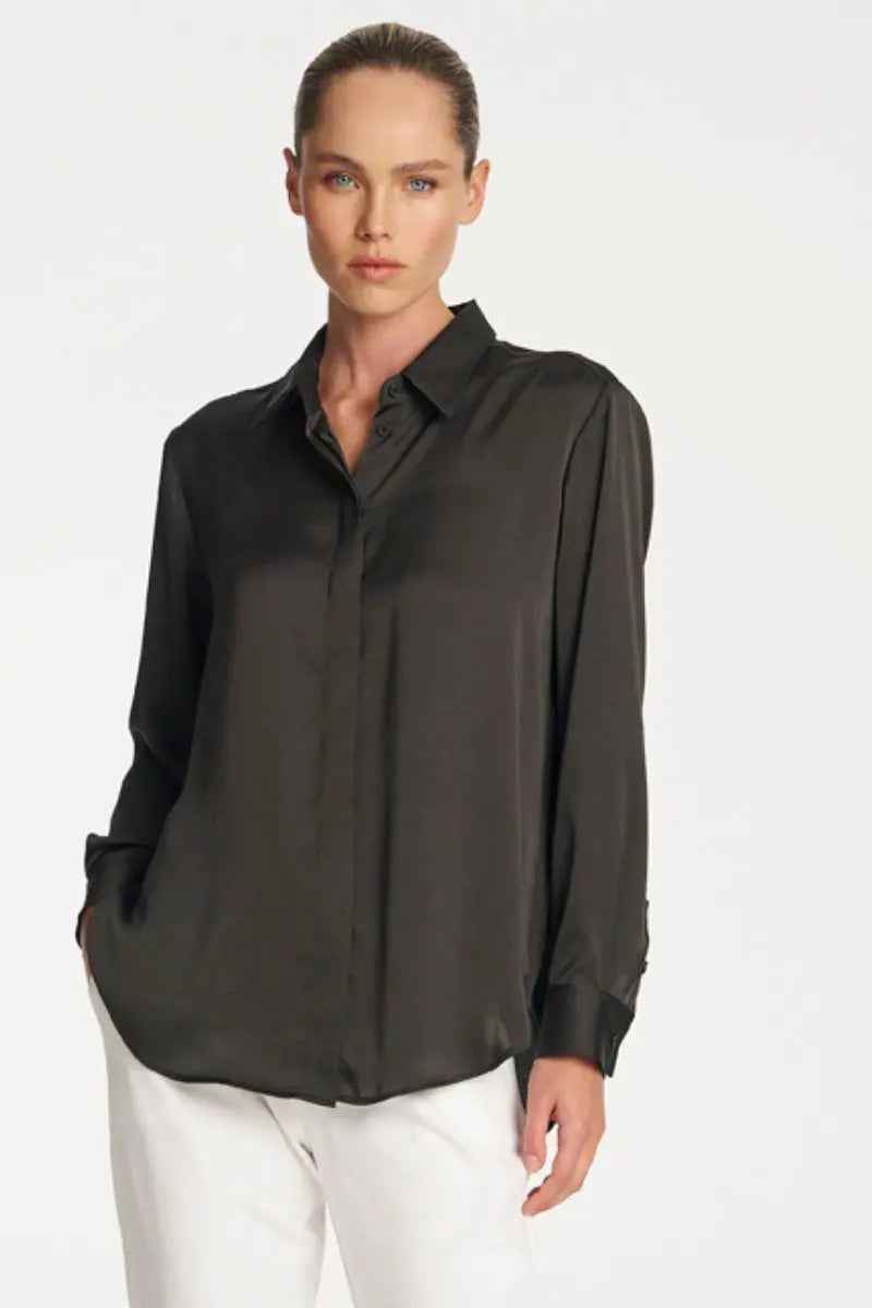 Woman wearing Soft Shirt in Mink by Mela Purdie front