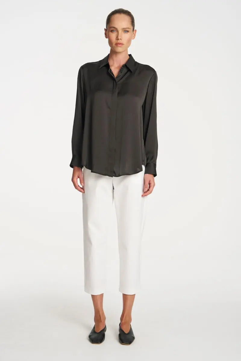 Woman wearing Soft Shirt in Mink by Mela Purdie styled