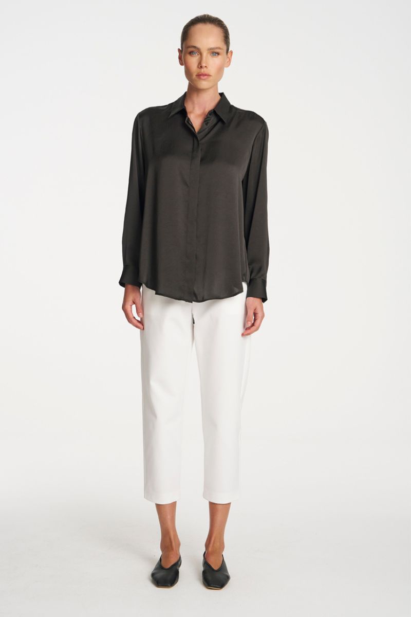 Woman wearing Soft Shirt in Mink by Mela Purdie styled