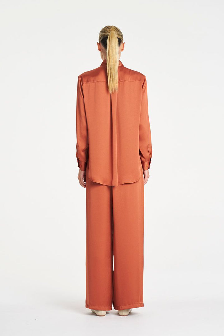 Woman wearing Soft Shirt in Mirror Satin by Mela Purdie back
