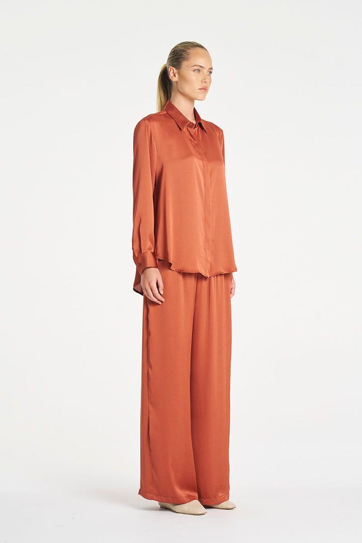 Woman wearing Soft Shirt in Mirror Satin by Mela Purdie side