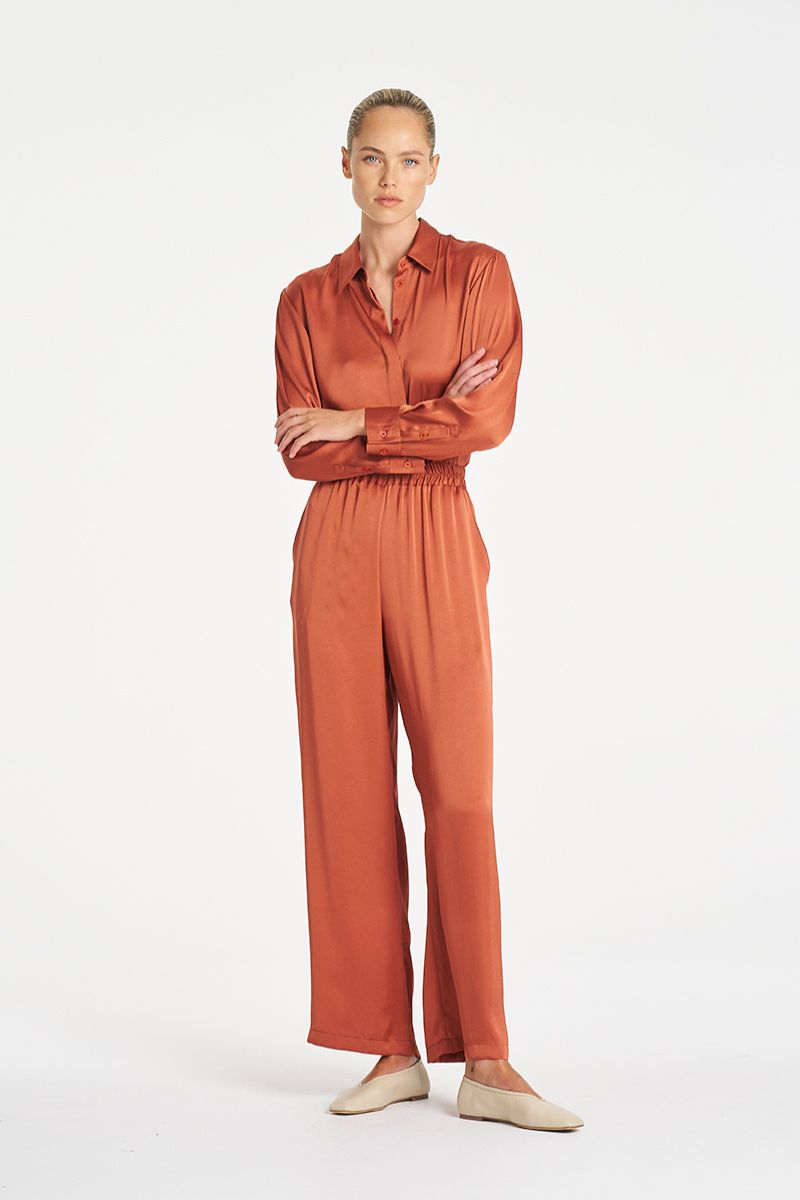 Woman wearing Soft Shirt in Mirror Satin by Mela Purdie styled