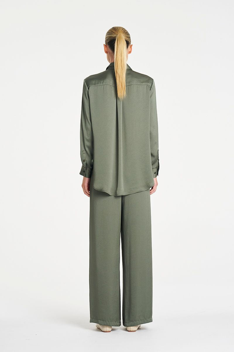 Woman wearing Soft Shirt in Sage Mirror Satin by Mela Purdie back