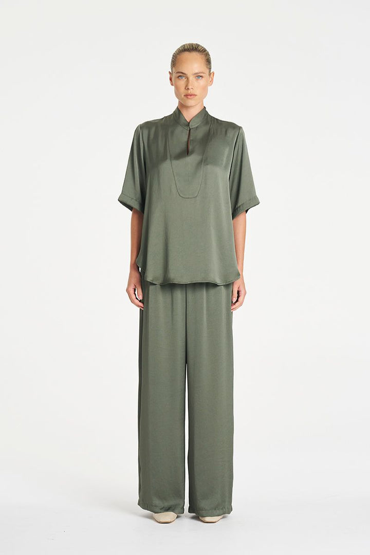 Detail of Swish Tux Plaza in Sage Mirror Satin by Mela Purdie