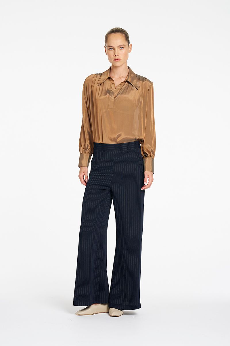 Mela Purdie Atrium Blouse in Syrup styled with wide leg pants