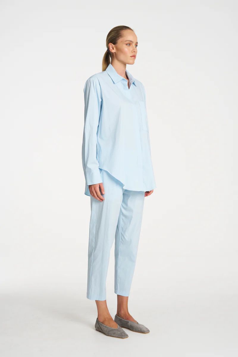 Woman wearing Saville Shirt in Dream by Mela Purdie style F65 8920 side