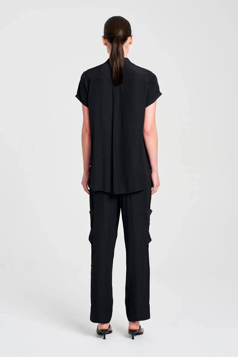 Woman wearing Soft Stand Shirt in Black by Mela Purdie back