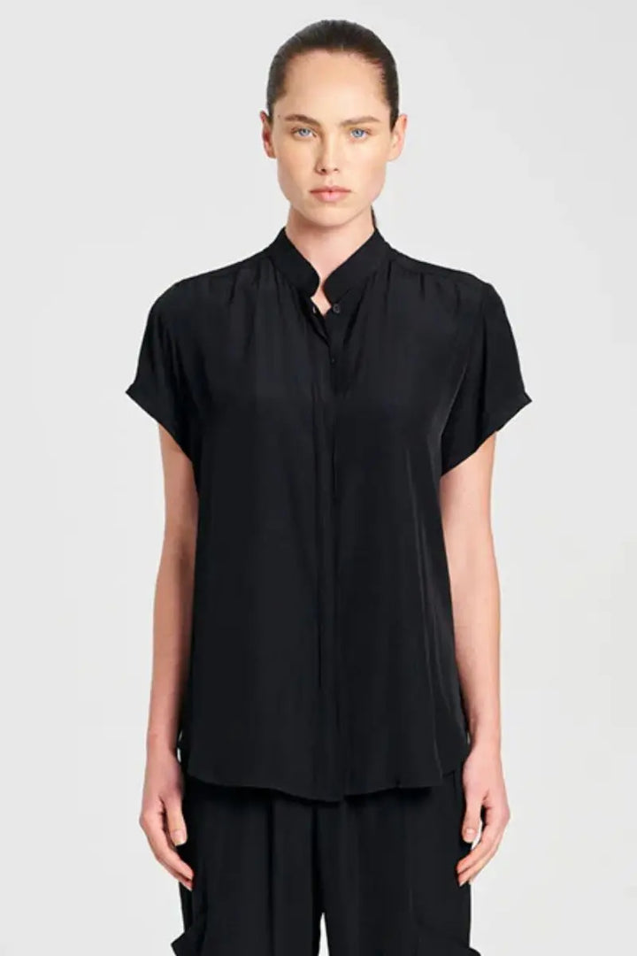Woman wearing Soft Stand Shirt in Black by Mela Purdie front