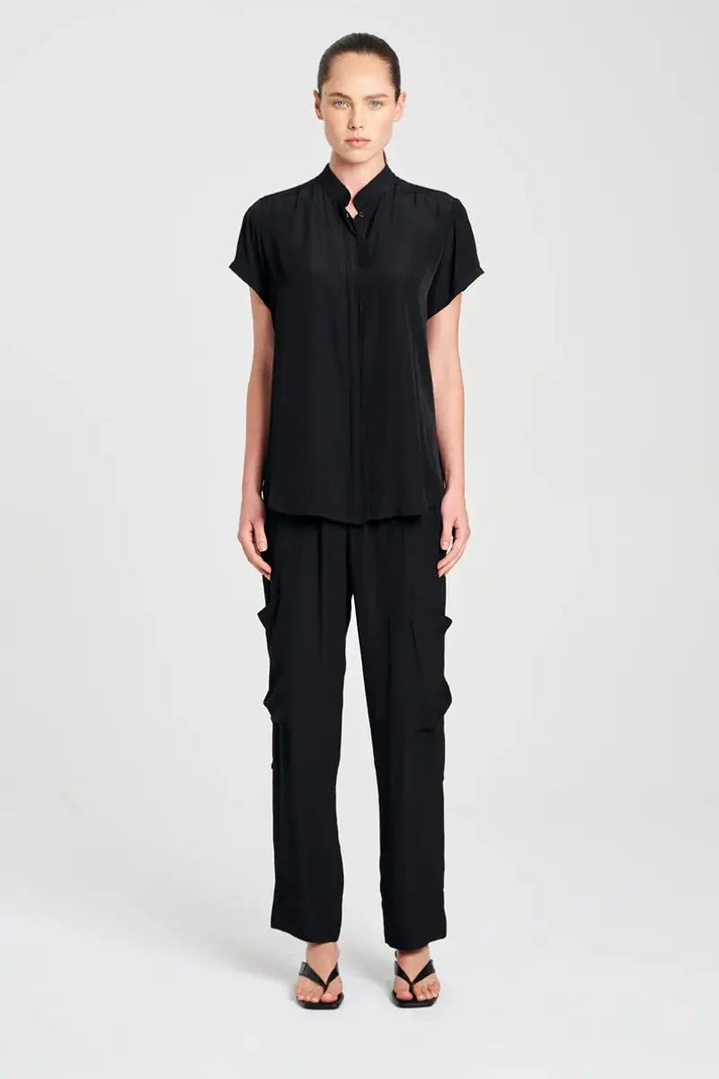 Woman wearing Soft Stand Shirt in Black by Mela Purdie styled