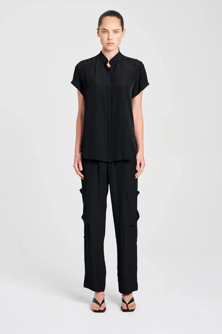 Woman wearing Soft Stand Shirt in Black by Mela Purdie styled