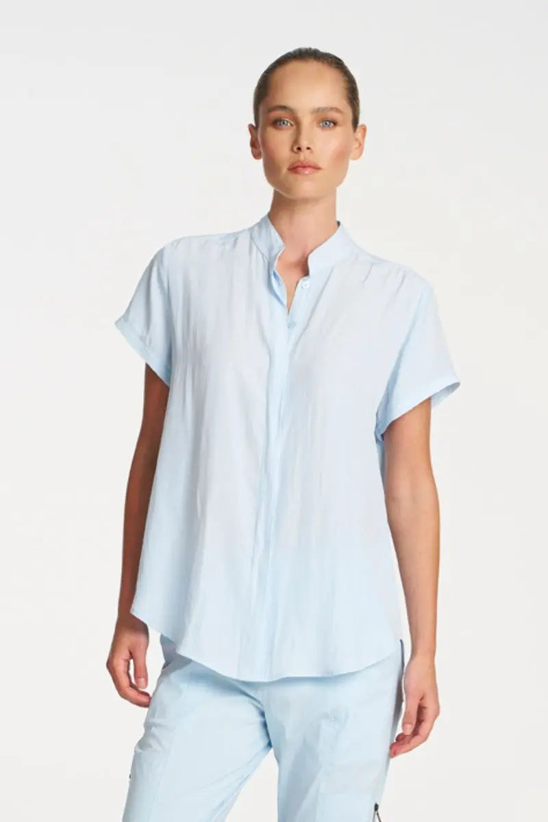 Woman wearing Soft Stand Shirt in Dream by Mela Purdie closeup