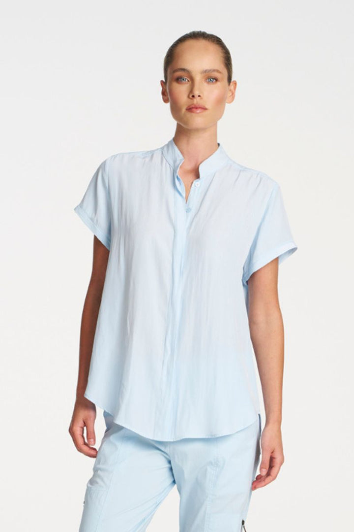 Woman wearing Soft Stand Shirt in Dream by Mela Purdie closeup