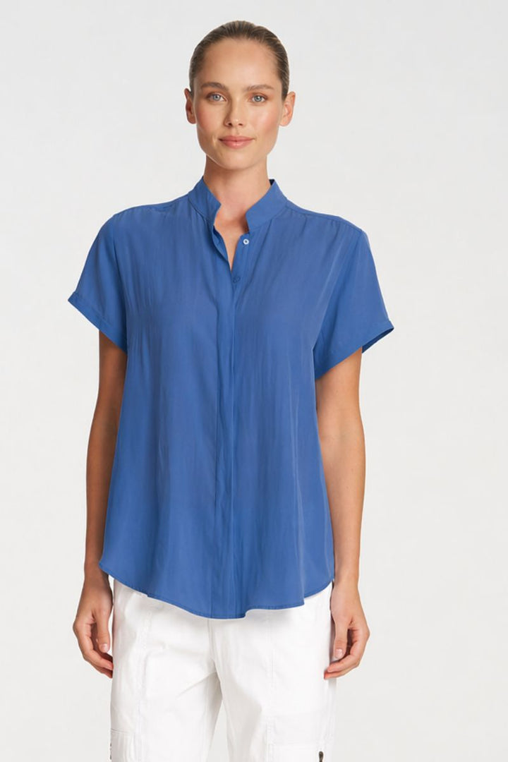 Woman wearing Soft Stand Shirt in Parisian by Mela Purdie closeup