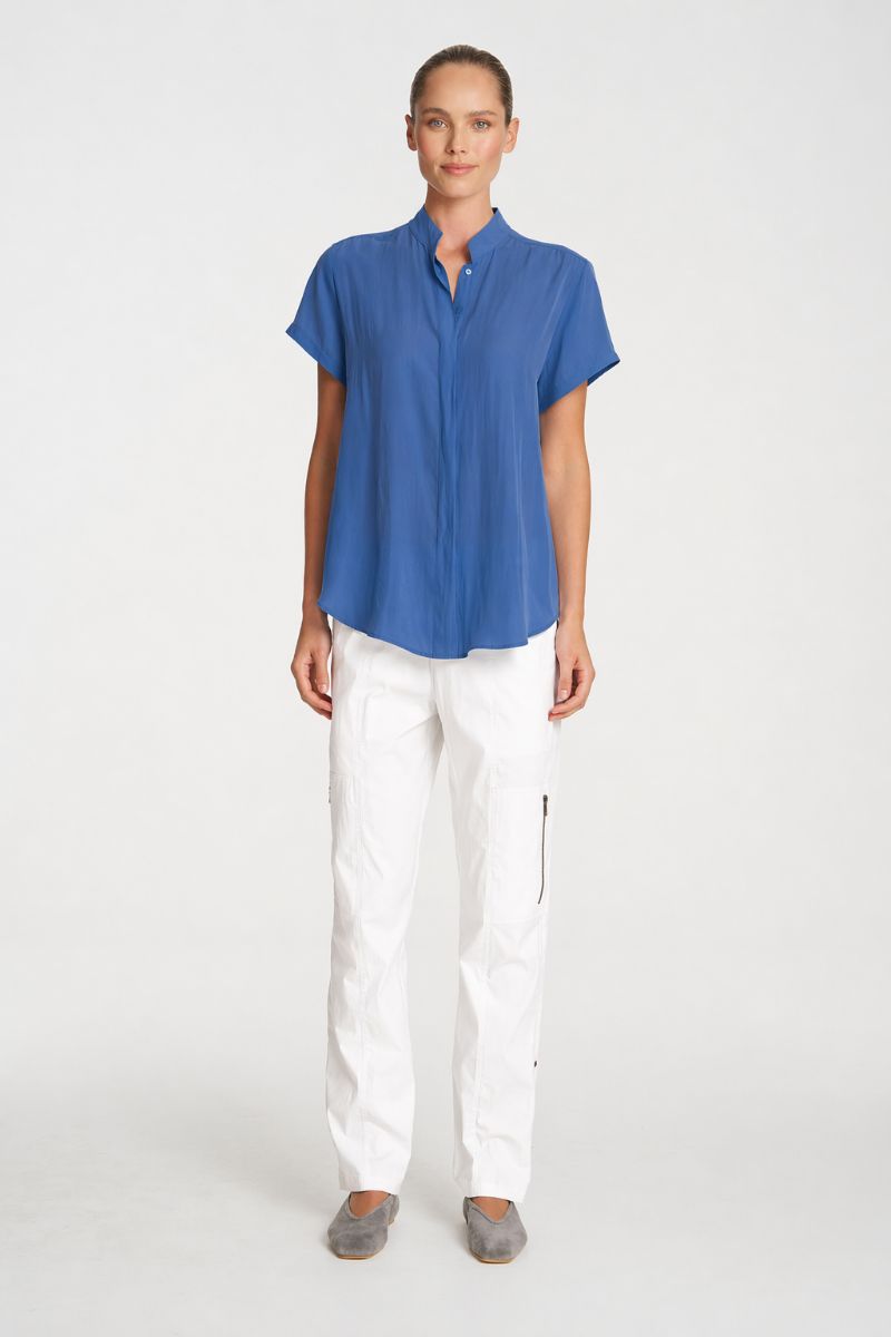 Woman wearing Soft Stand Shirt in Parisian by Mela Purdie styled