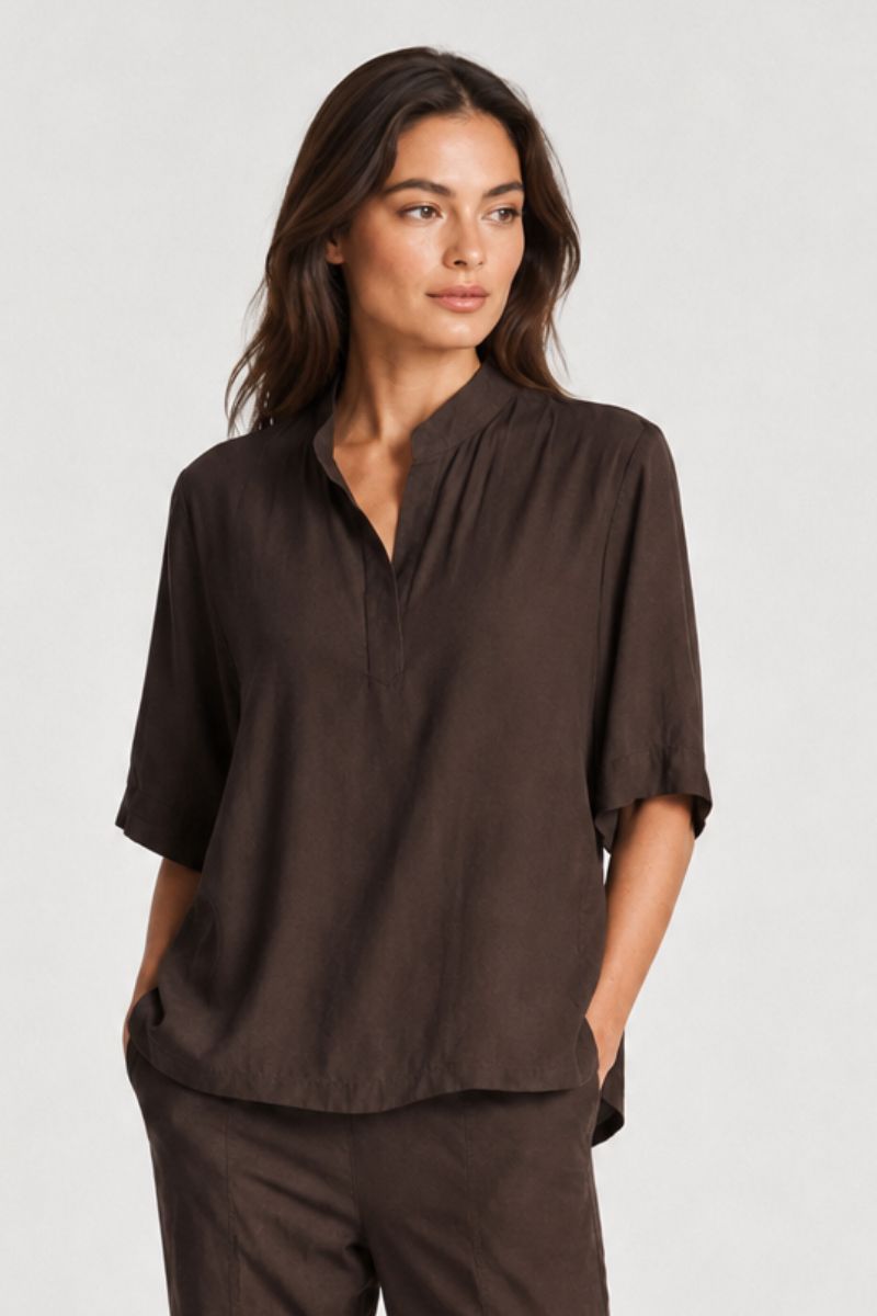 Stand collar and placket detail Mela Purdie Placket Plaza Fudge