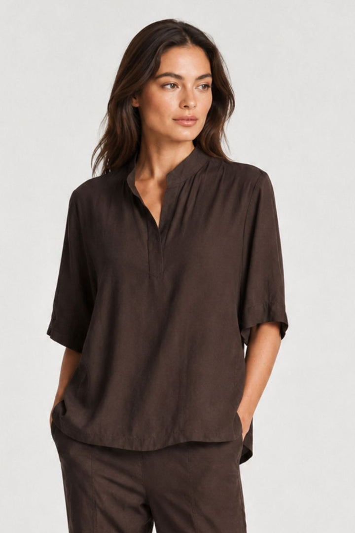 Stand collar and placket detail Mela Purdie Placket Plaza Fudge