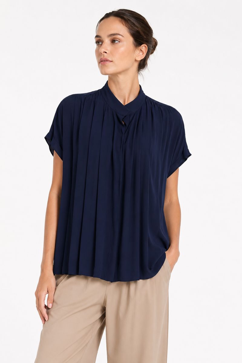 Mela Purdie Full Pleat Shell in Navy front view style F734 1831