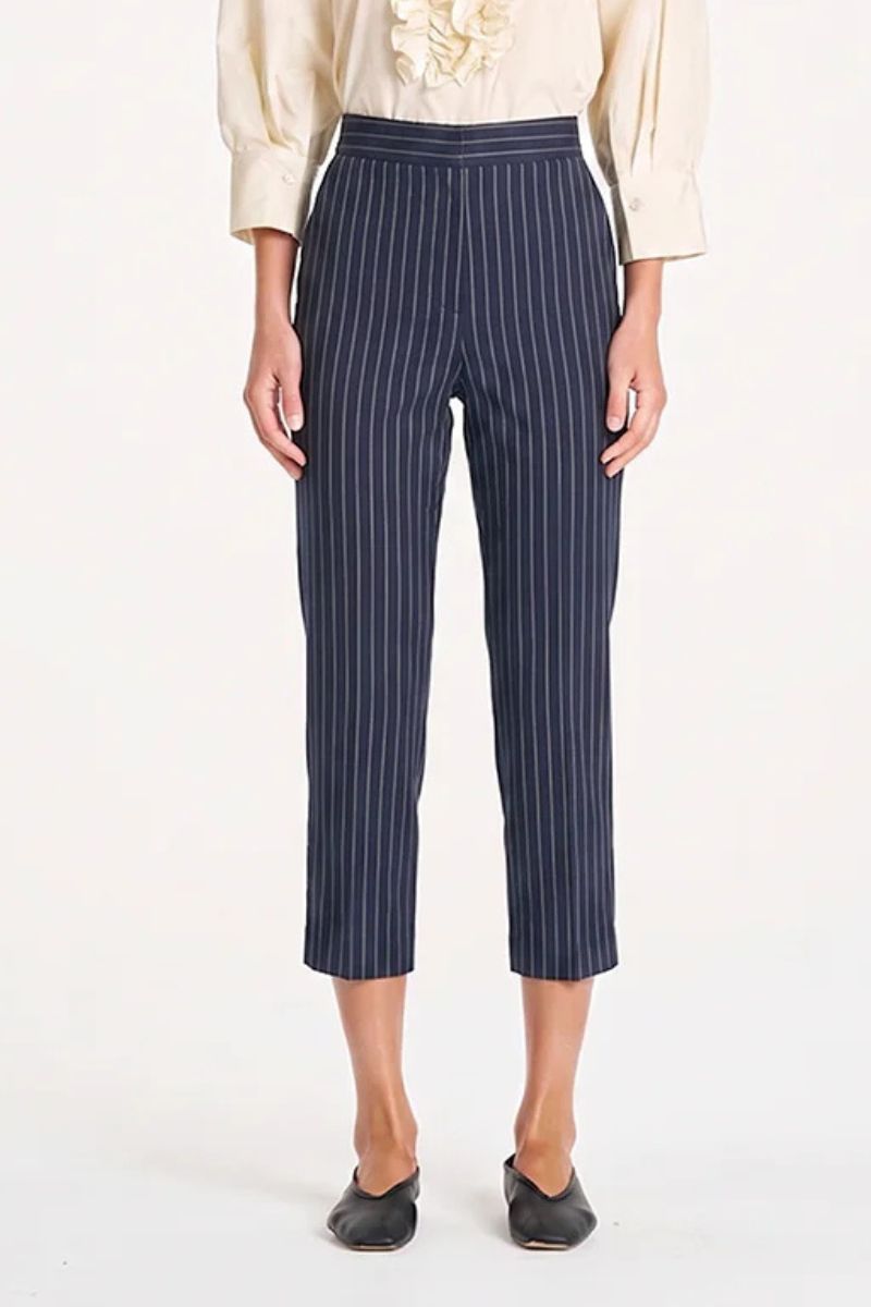 Suit stripe fabric detail Navy Chalk pant by Mela Purdie