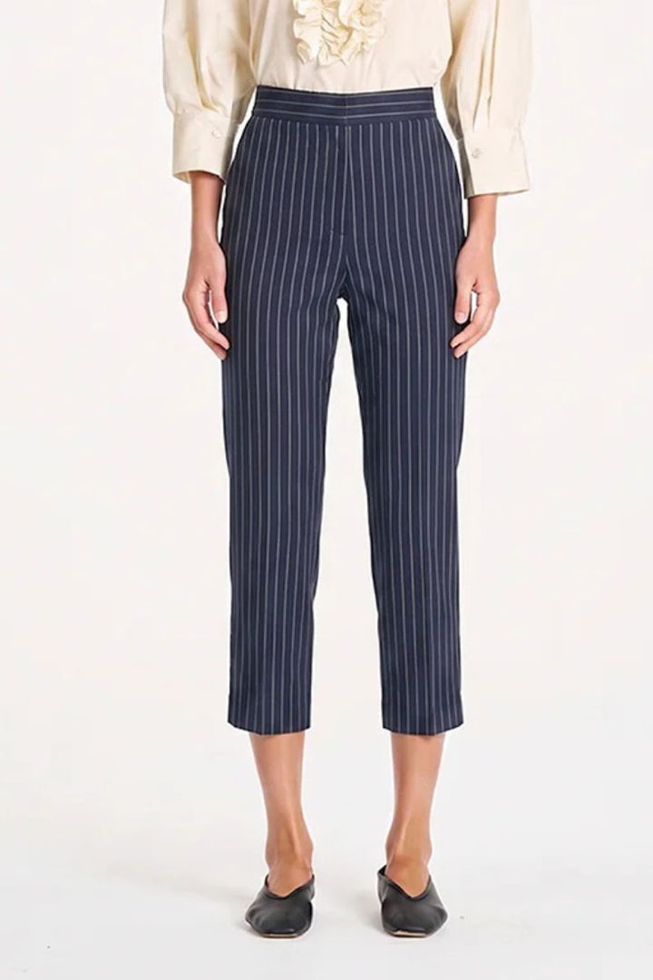 Suit stripe fabric detail Navy Chalk pant by Mela Purdie