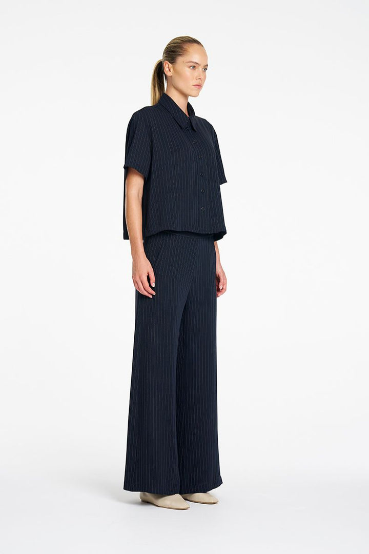 Mela Purdie Suit Pant in Navy Chalk side view showing wide leg