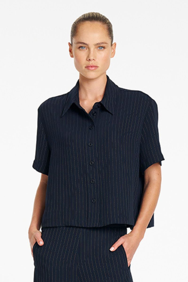 Suit stripe fabric and placket detail Cropped Shirt Navy Chalk