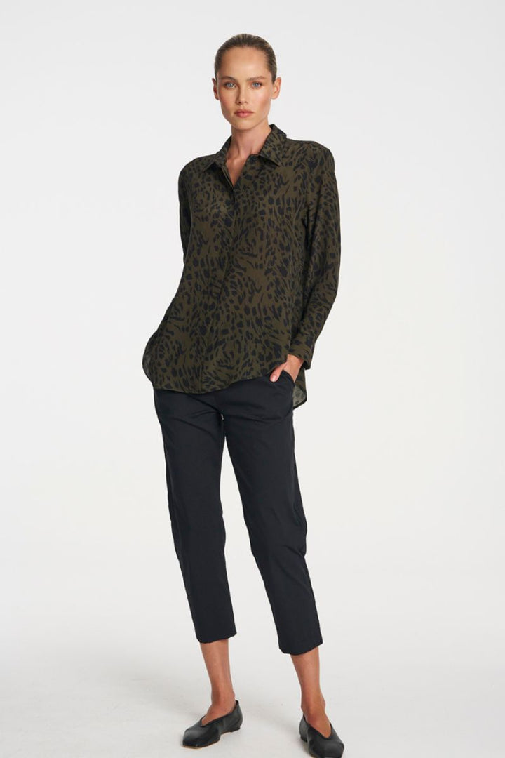 Woman wearing Soft Shirt in Amazon Print by Mela Purdie styled