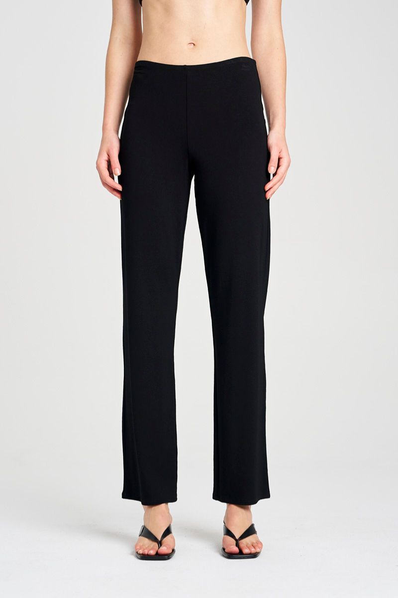 Woman wearing Long Pant in Black by Mela Purdie F01 100, front view showing the waistband.