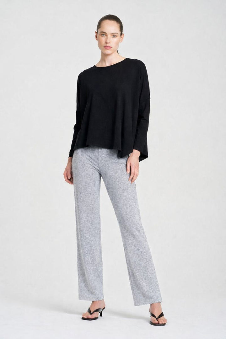 Woman wearing Long Pant in Steel Marl by Mela Purdie F01 100, front view styled with a black top.