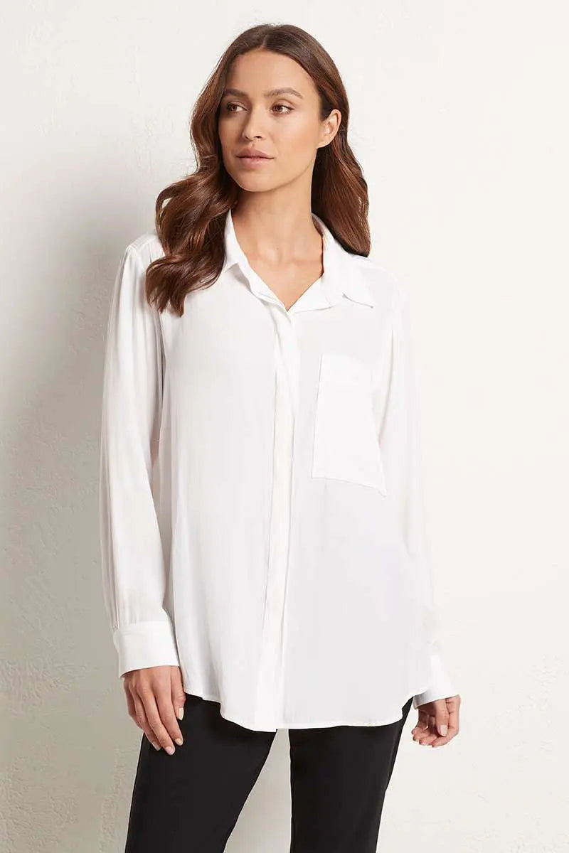 Woman wearing Mela Purdie Single Pocket Shirt F67 7741 in White, front view showing the relaxed fit