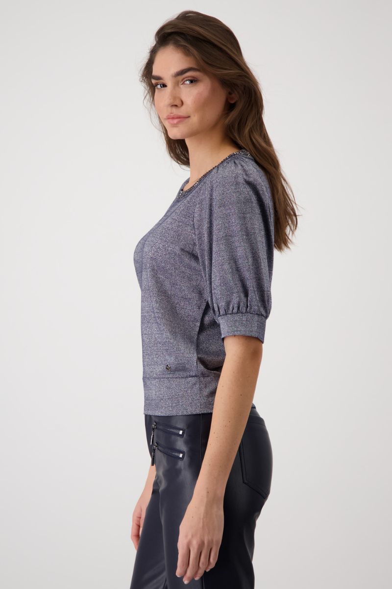 Woman wearing Monari 409080MNR Viscose Lurex Embellished T-Shirt side view in Deep Ocean