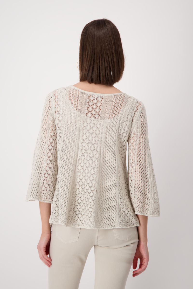 Woman wearing Monari 408907MNR mesh jewellery sweater in sand back view