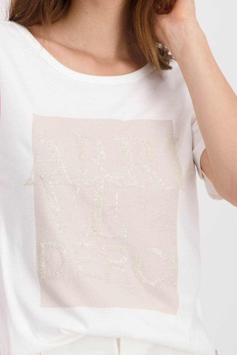 Woman wearing Monari 408612MNR Sequin Script Cotton Modal T-Shirt sequin script detail in Off-White