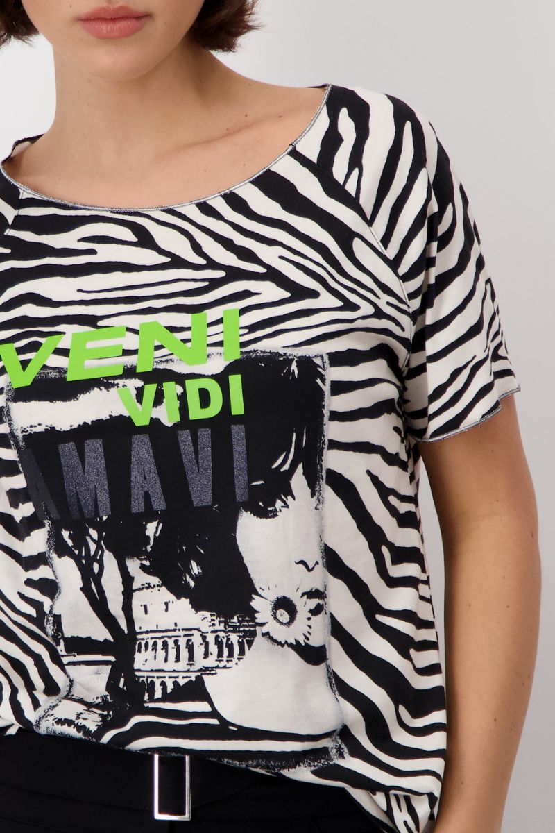 Woman wearing Monari 408597MNR Zebra Print Woman Graphic T-Shirt fabric close-up