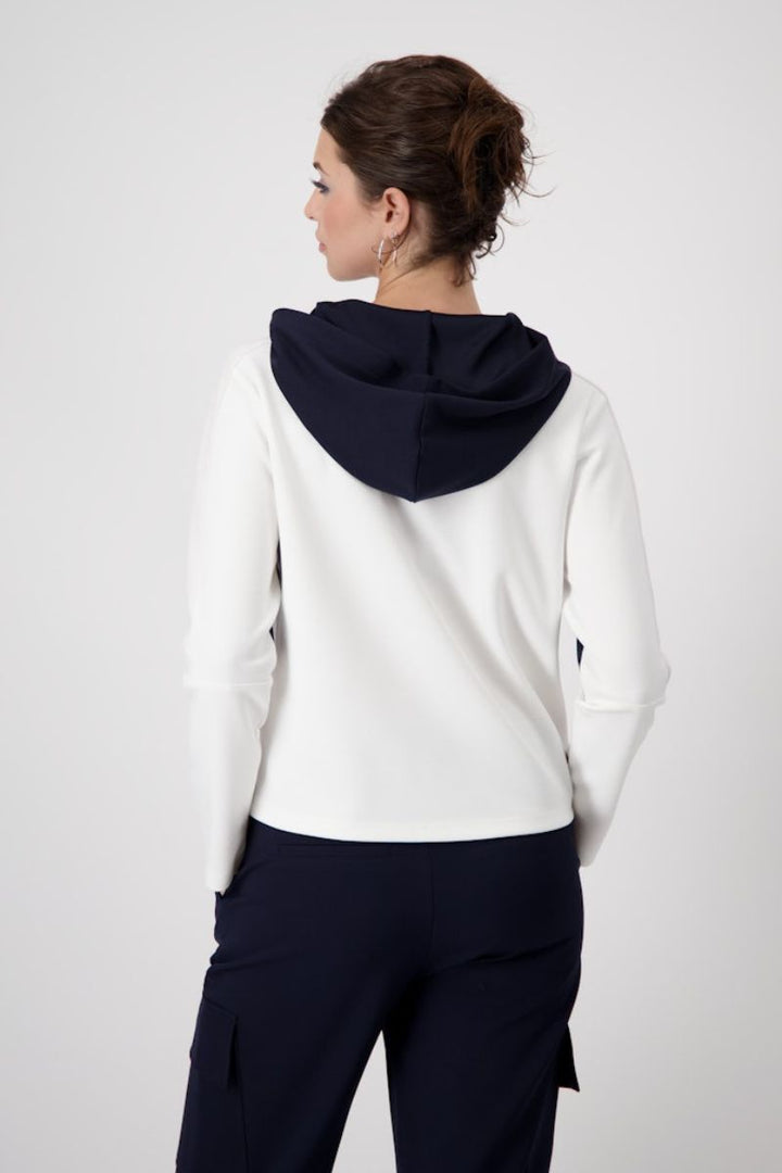 Woman wearing Monari hooded sweatshirt in navy and white style 409090 back