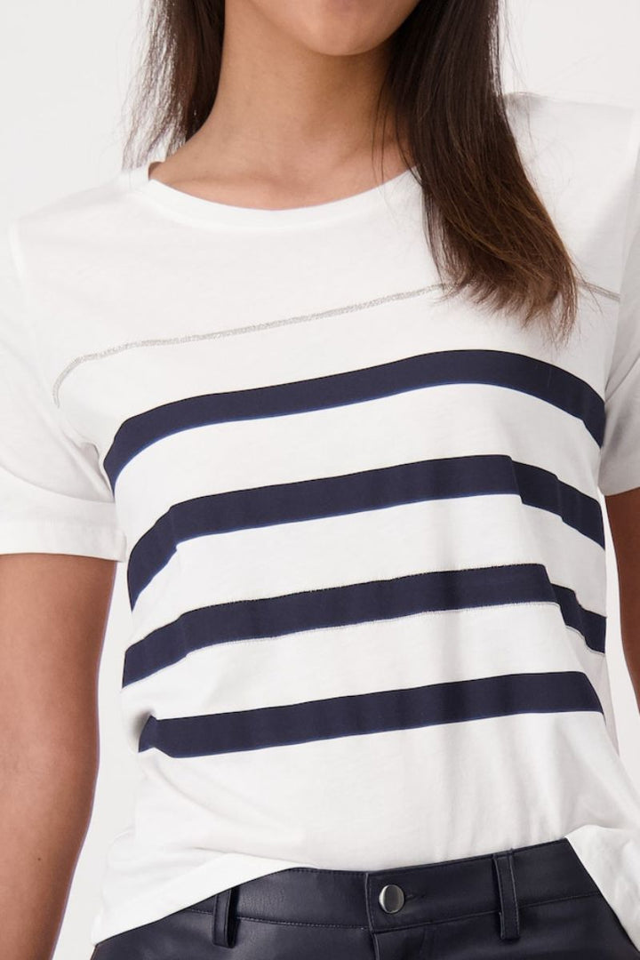Woman wearing Monari stripe T-shirt with metallic detail style 409152MNR closeup